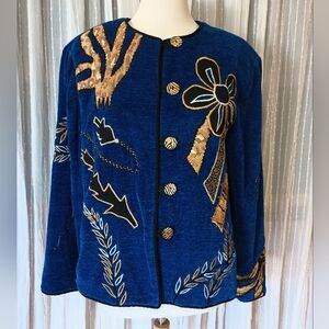 Alex Kim Allure Cobalt Blue Tan Animal Print Floral Embroidered Jacket Sz XL